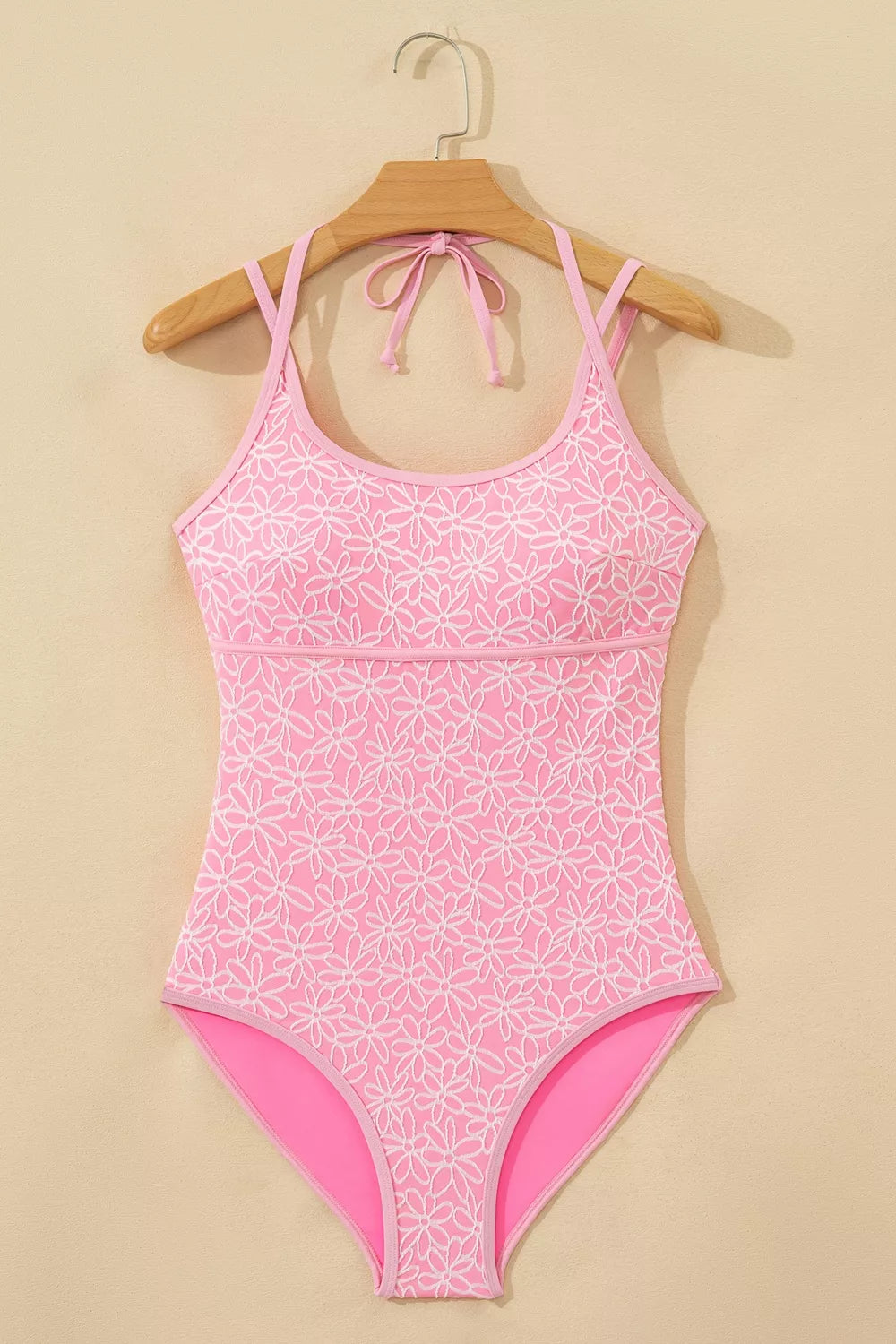 Trendsi Corded Flower Texture Spaghetti Straps Halter Neck One Piece Swimsuit -