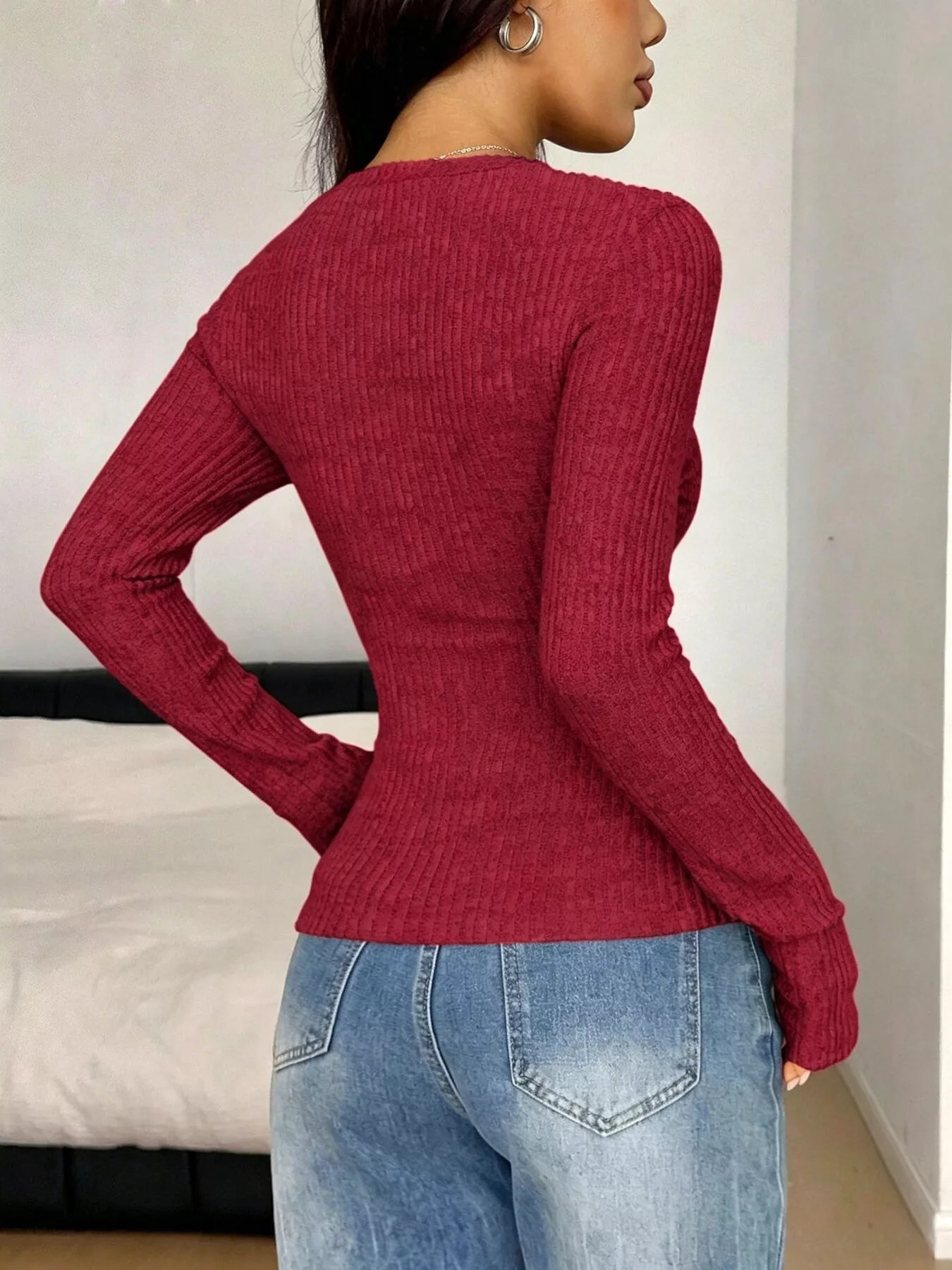 Trendsi Ribbed Knit Lace Trim T-Shirt -