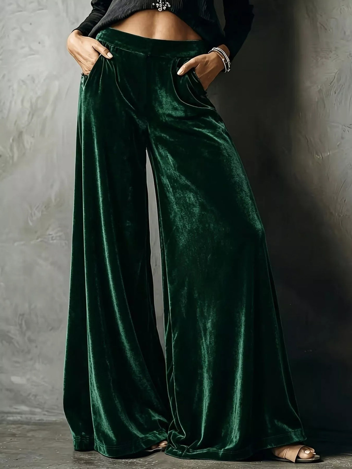 Green wide-leg velvet pants, front view
