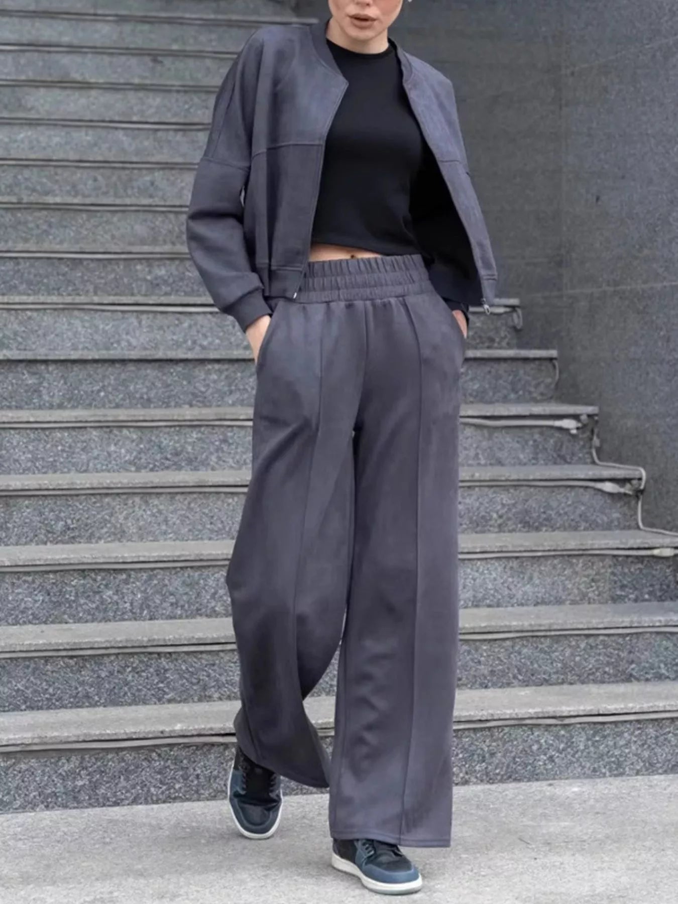 Trendsi Zip Up Sweatshirt and Wide-Leg Pants Set -