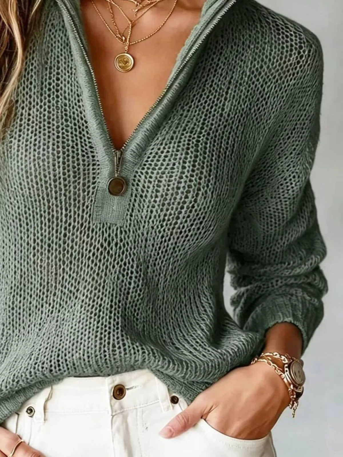 Half-Zip Dropped Shoulder Sweater in green, zip detail