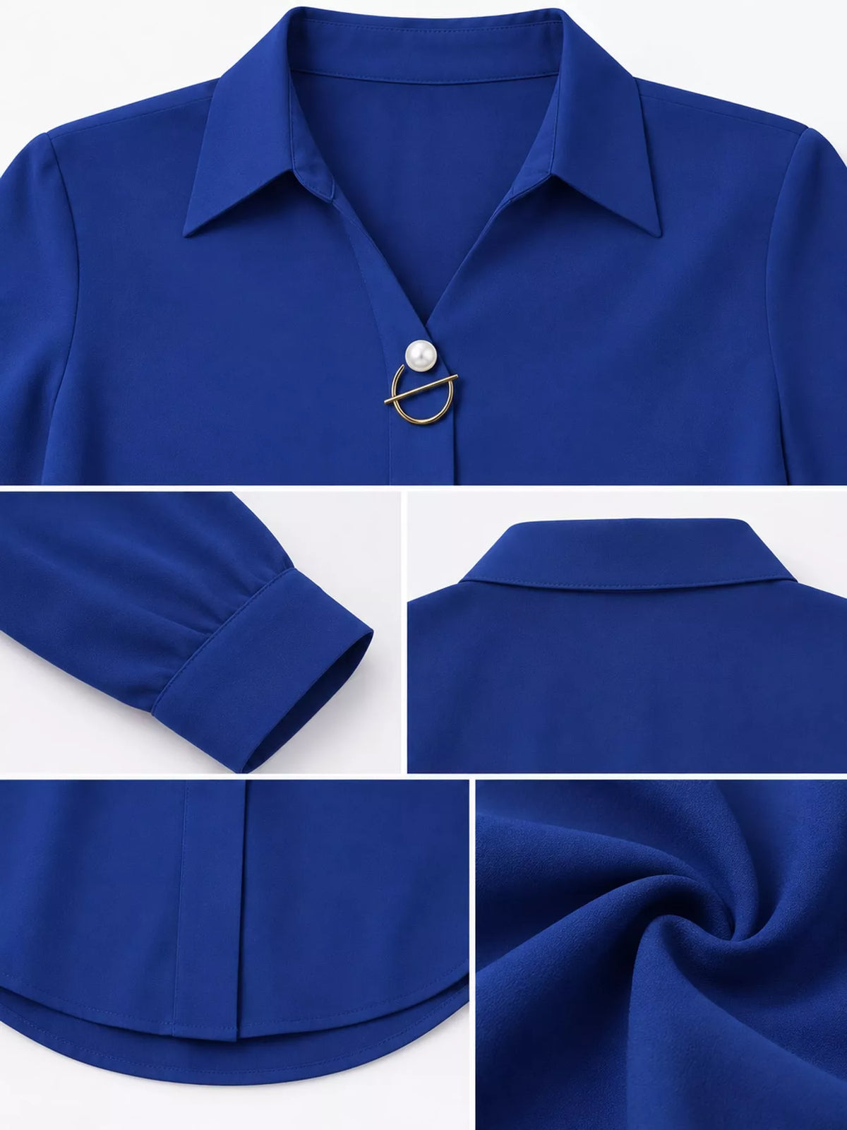 Women's Collared Clasp Detail Long Sleeve Satin Blouse in blue — detail collage view