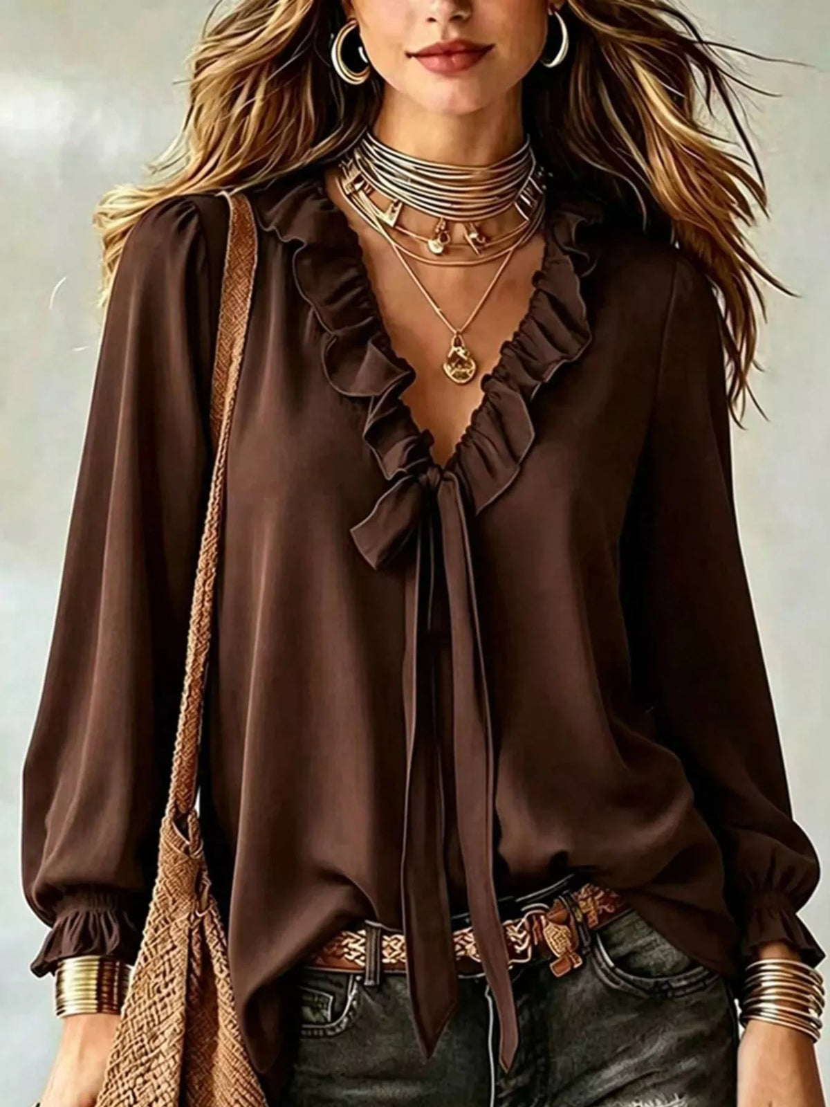 Brown ruffled v-neck blouse with tie-front detail