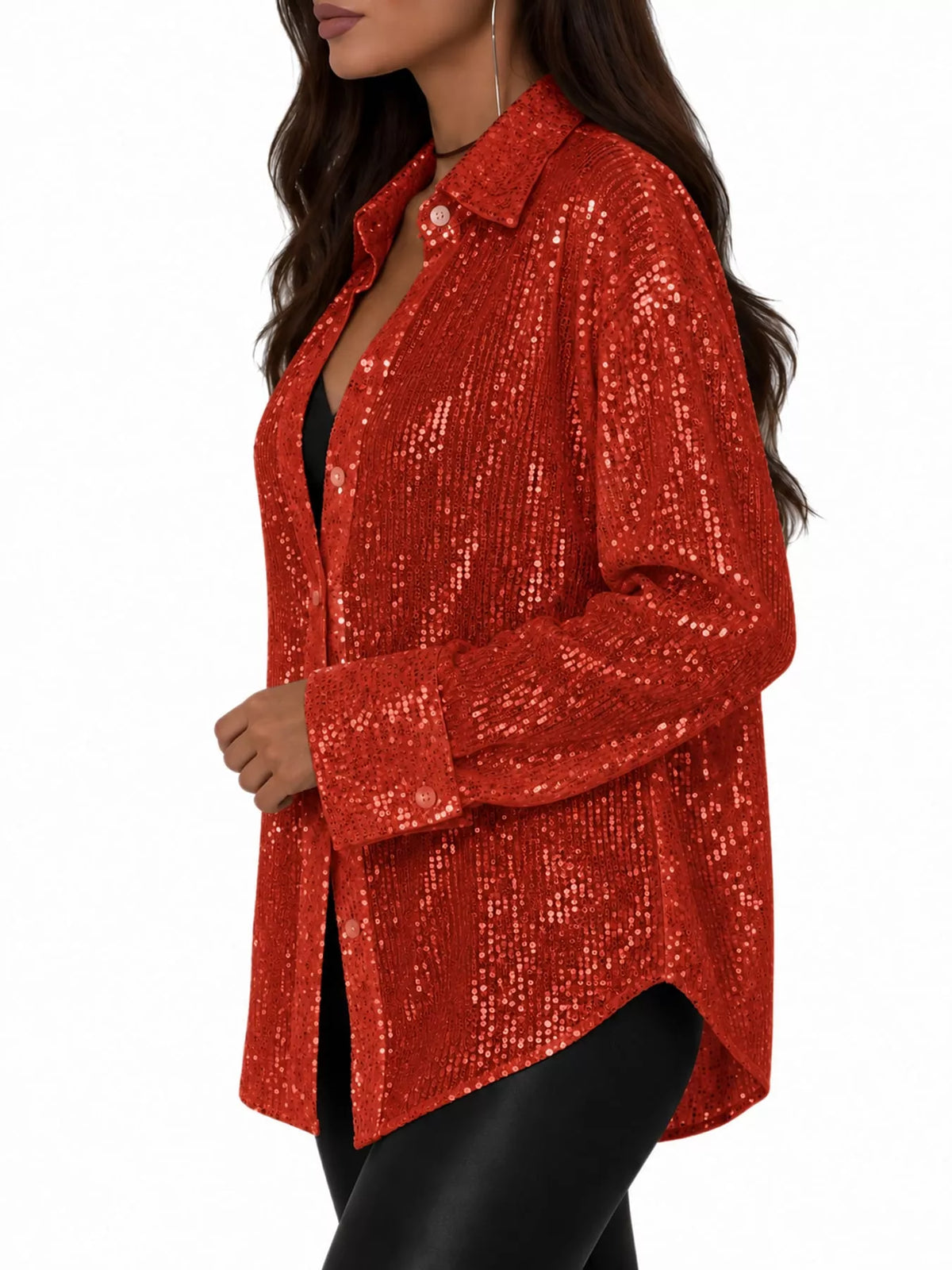 Red sequin button up long sleeve shirt