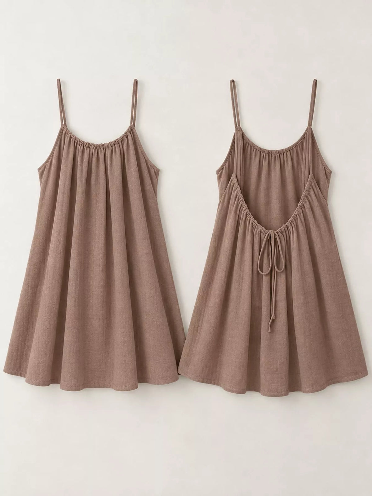 Taupe spaghetti strap A-line mini dress with open tie back, front, back and construction details