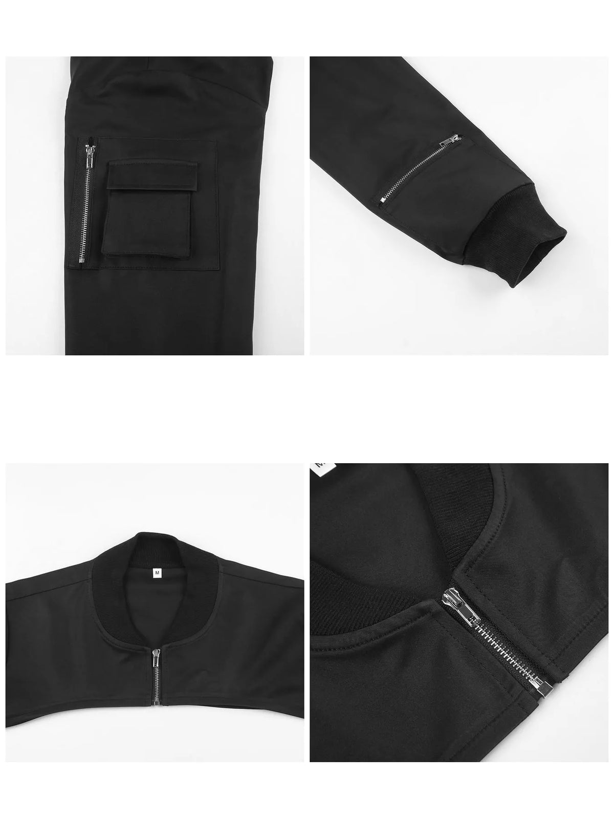 Black ultra-cropped zip-front long sleeve shrug, sleeve pocket zipper and collar details