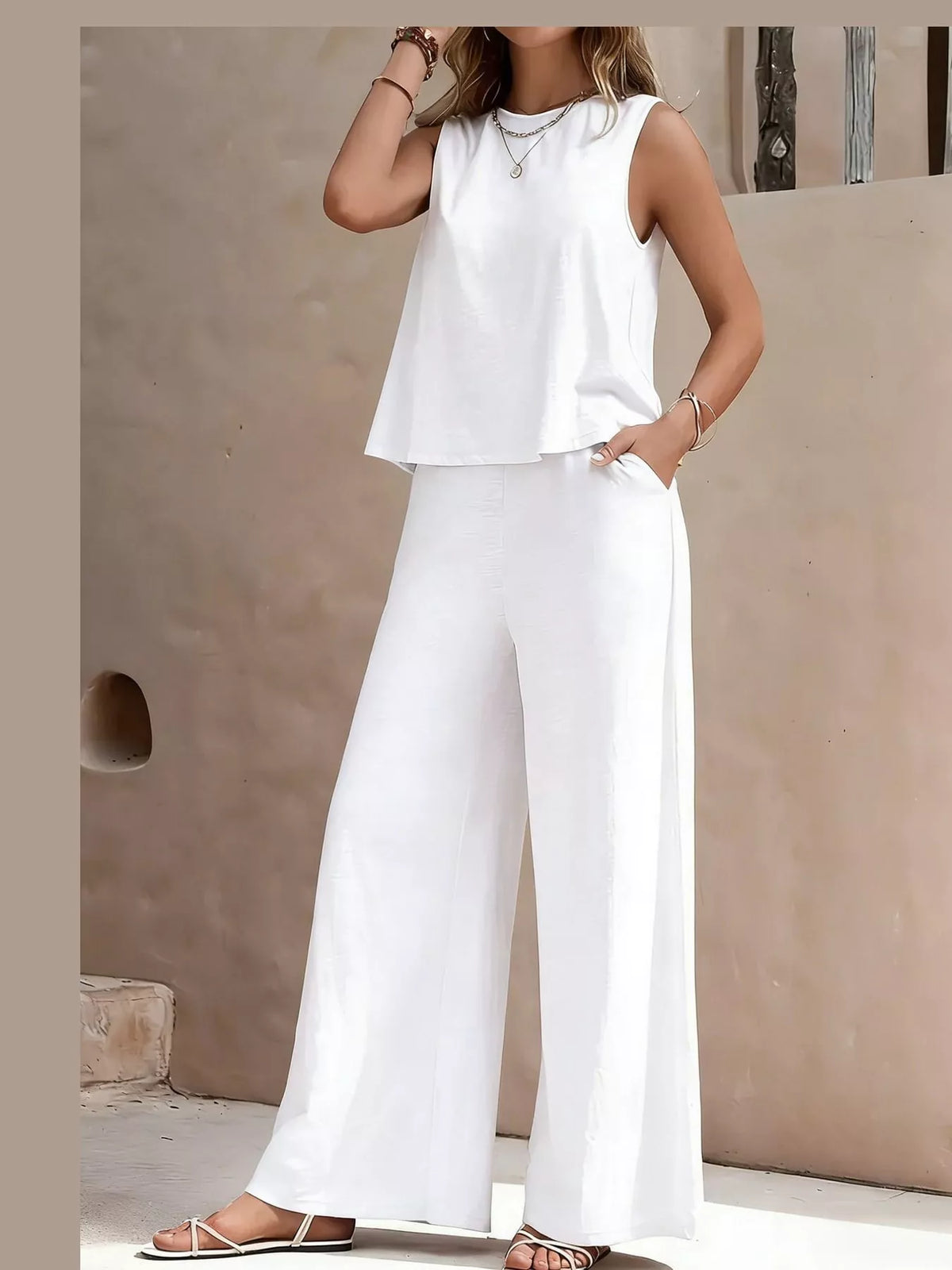 Sleeveless Tank Top and Wide-Leg Pants Set — front view