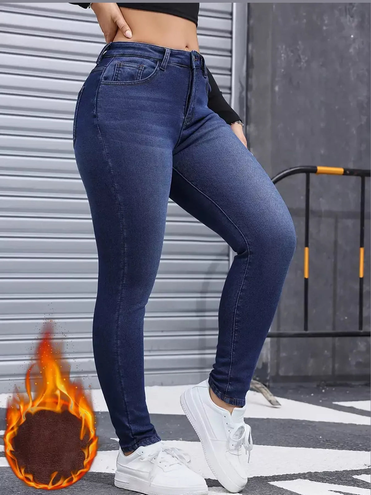 Blue high-waisted fleece-lined skinny jeans