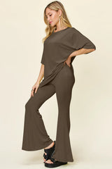 Trendsi Double Take Full Size Round Neck Drop Shoulder T-Shirt and Flare Pants Set - Pants