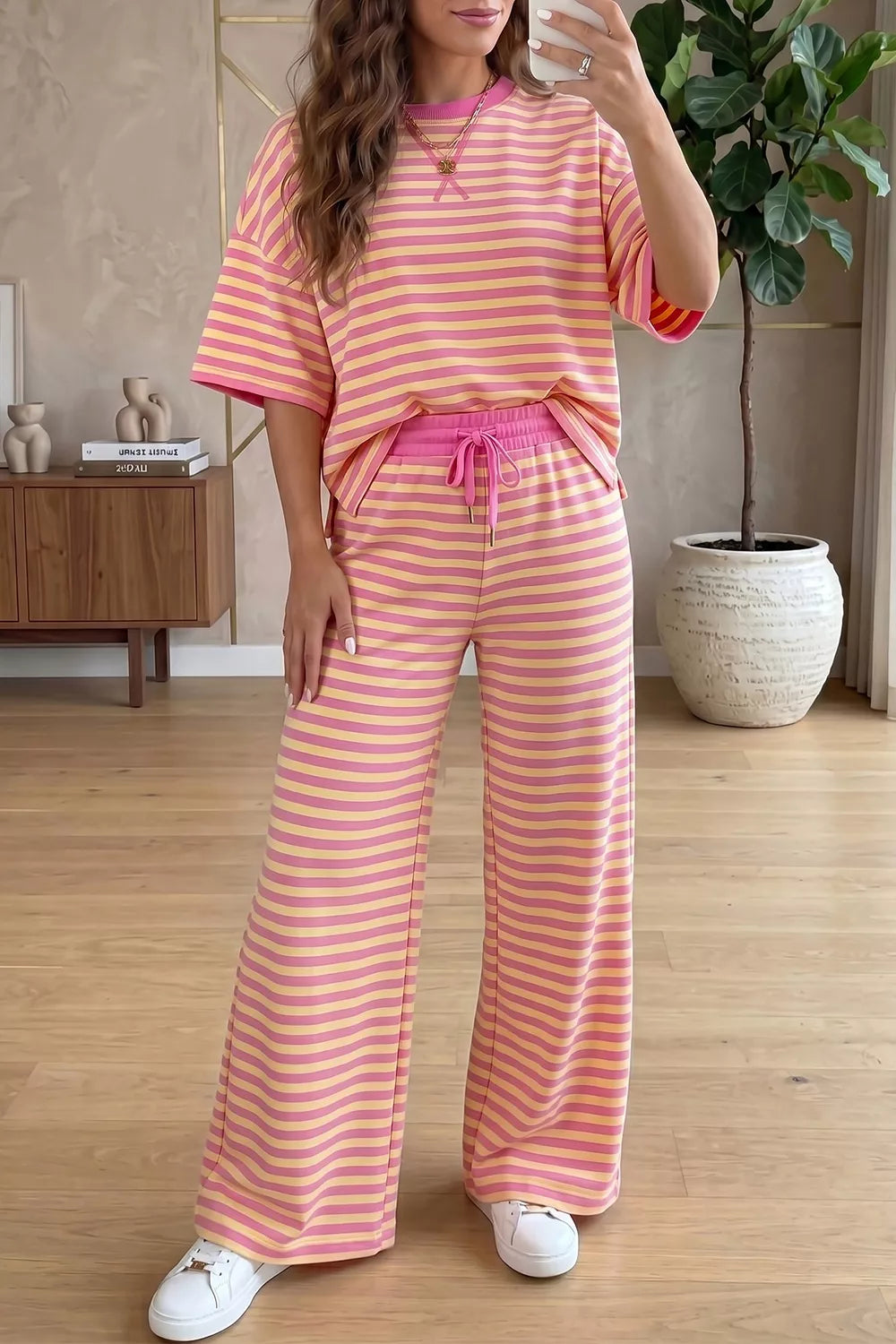 Trendsi Stripe Colorblock Trim Crew Neck Loose Tee Drawstring Elastic Waist 2pcs Pant Set -
