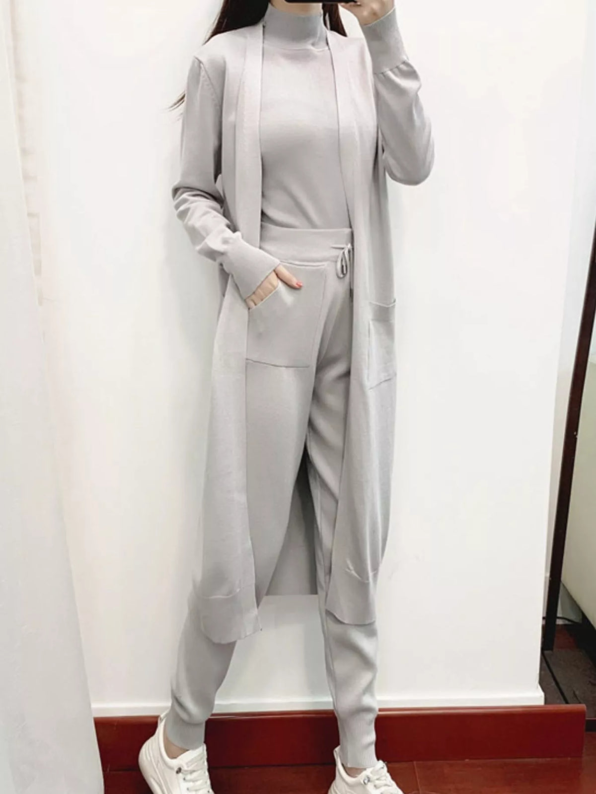Sleeveless Top and Drawstring Joggers Sweater Set with Long Cardigan — front view