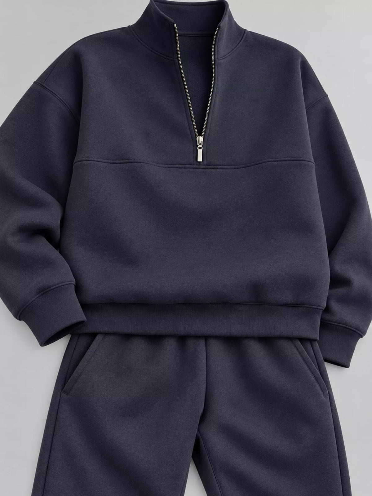 Half-zip top and pants set, navy zip-neck and waist detail