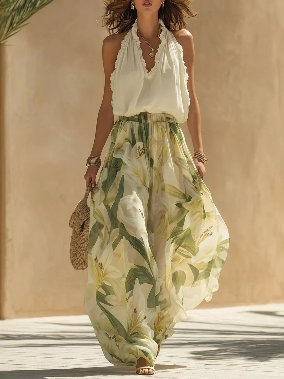 Cream and green ruffled sleeveless top and pants set, set front view