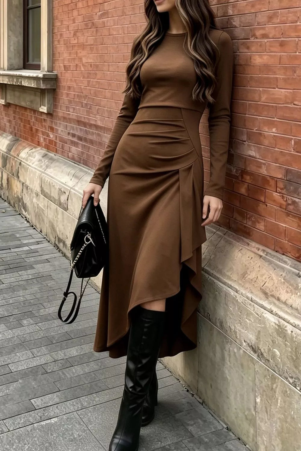 Trendsi Ruched Asymmetrical Hem Long Sleeve Dress -