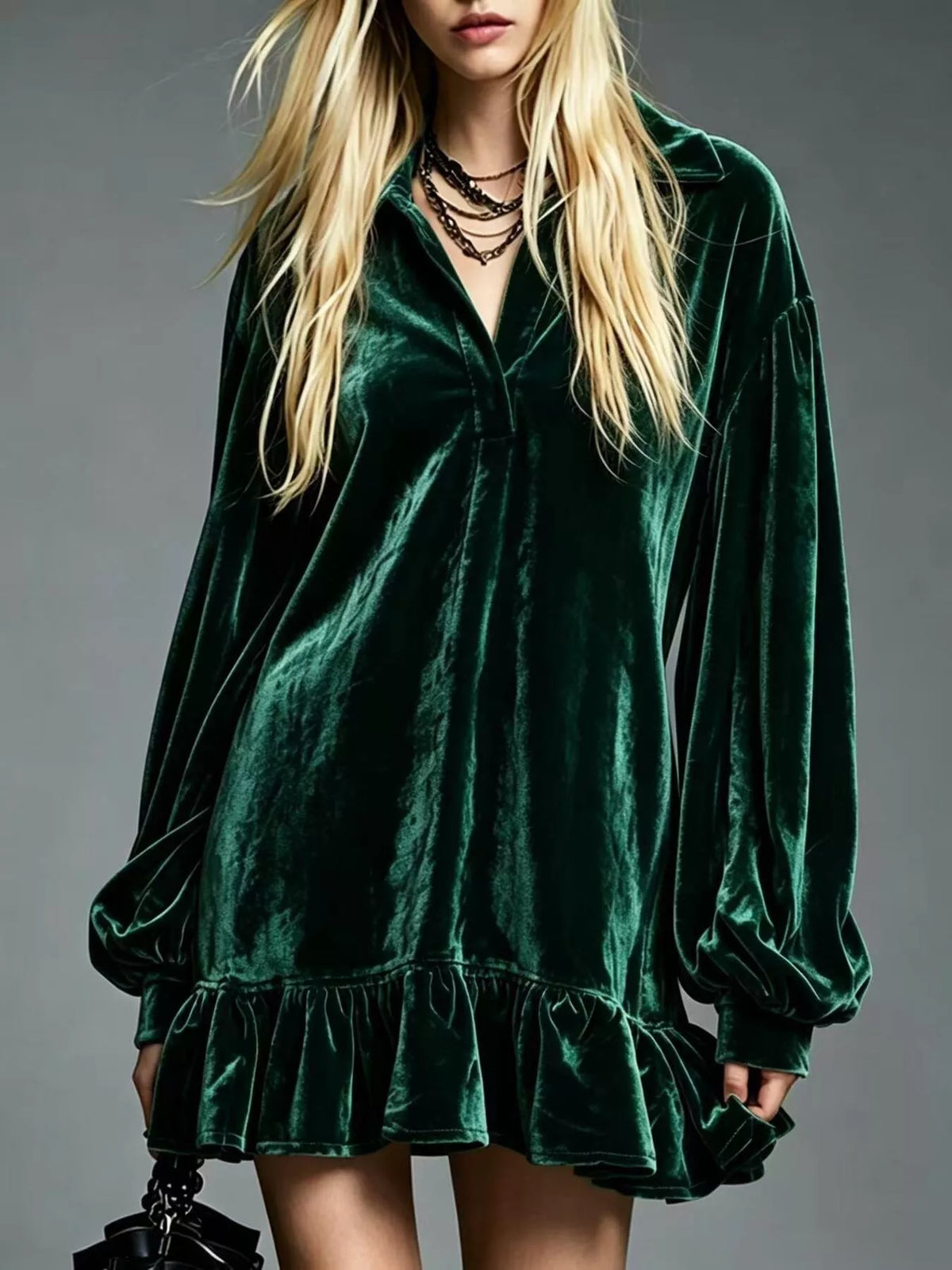Dark Green Velvet Long Sleeve Ruffle-Hem Mini Dress front view