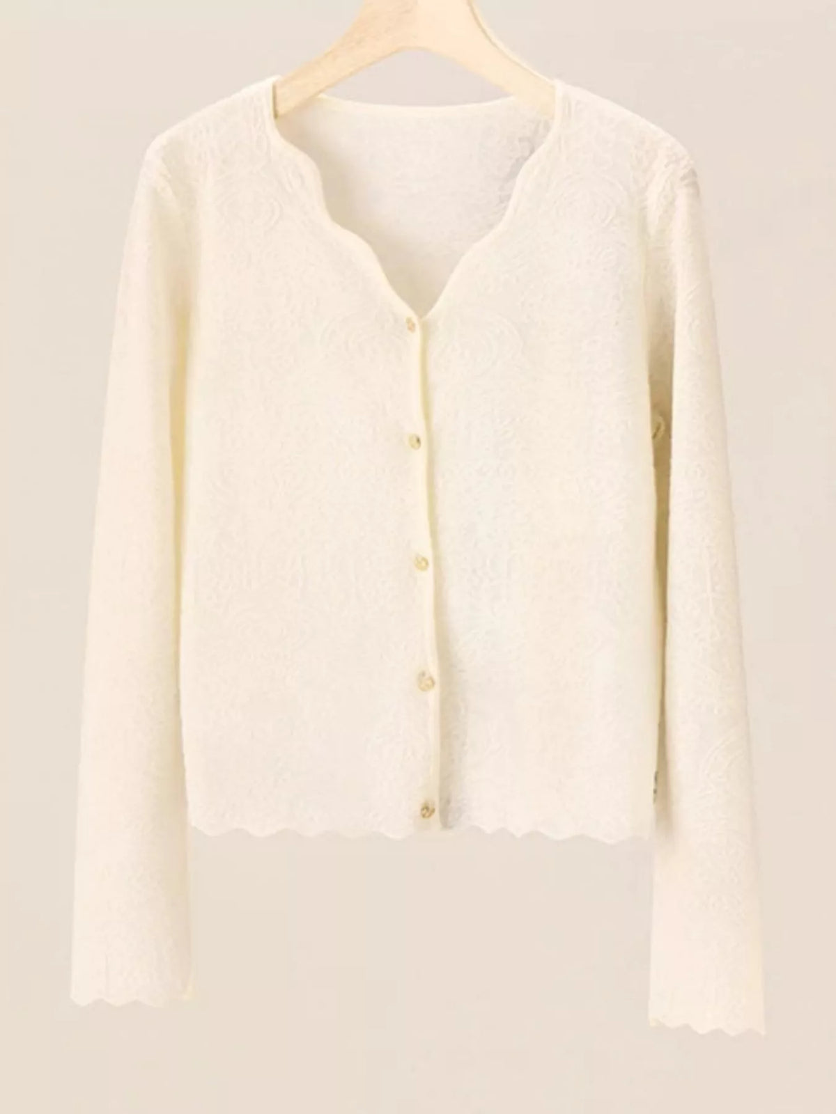 Lace-trim cardigan, cream flat lay