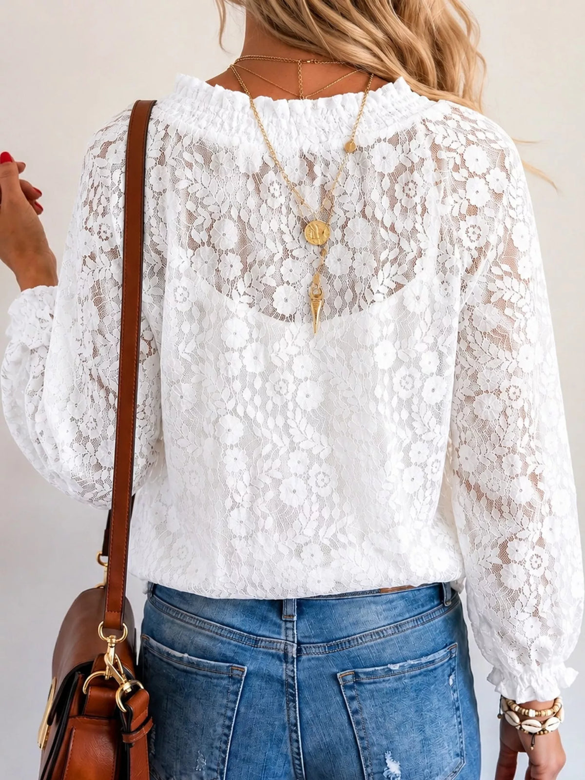 White lace long sleeve blouse, back view