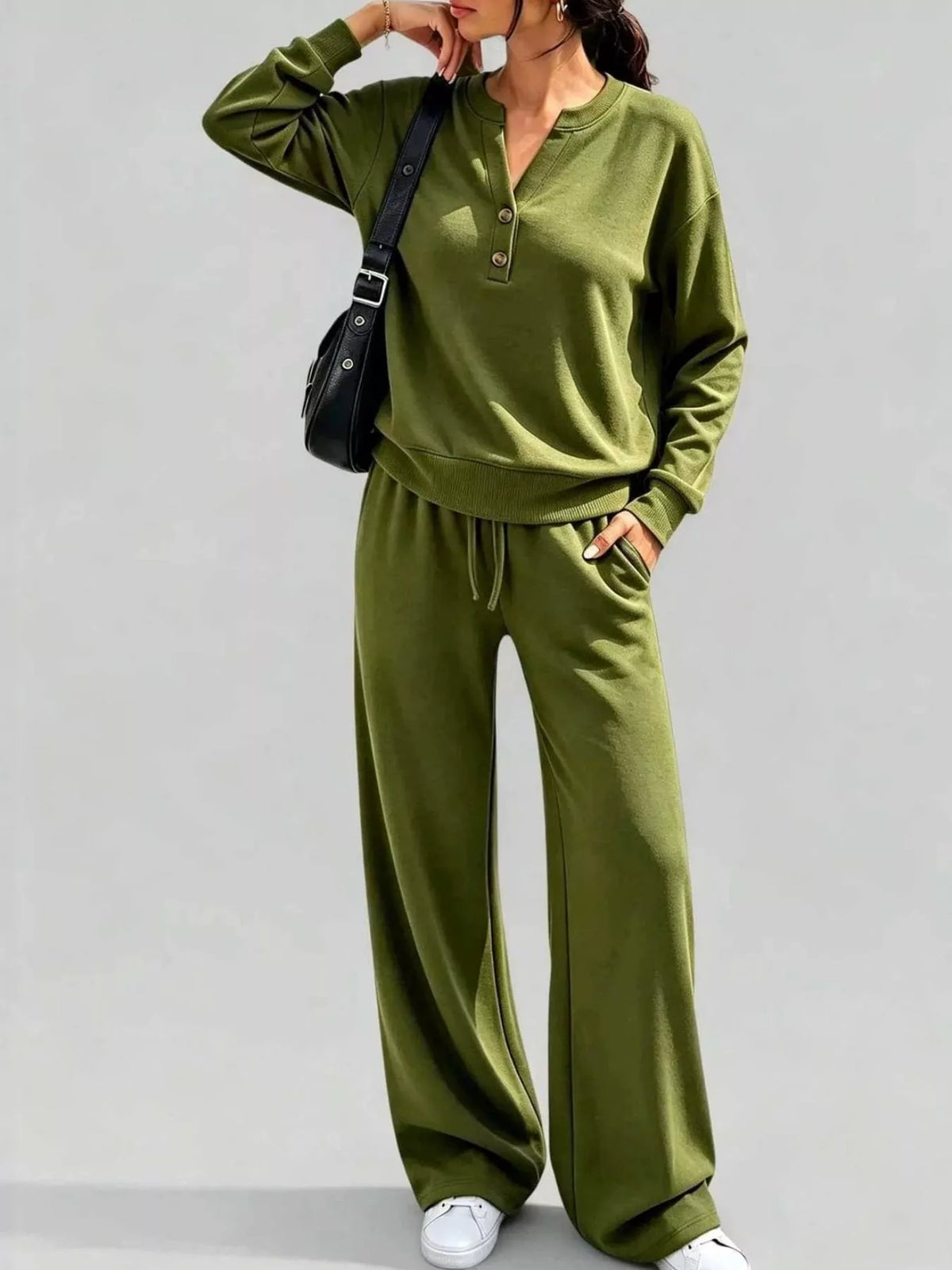 Green button detail top and wide-leg pants set — front view