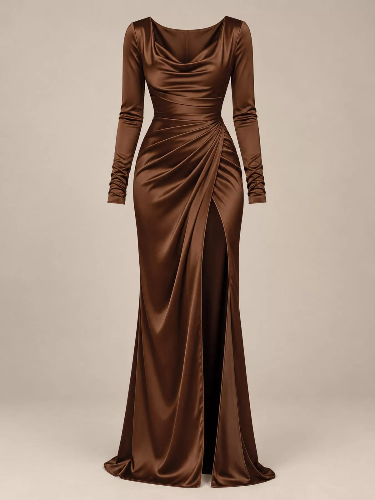 Brown satin cowl neck high-slit maxi dress, front product view