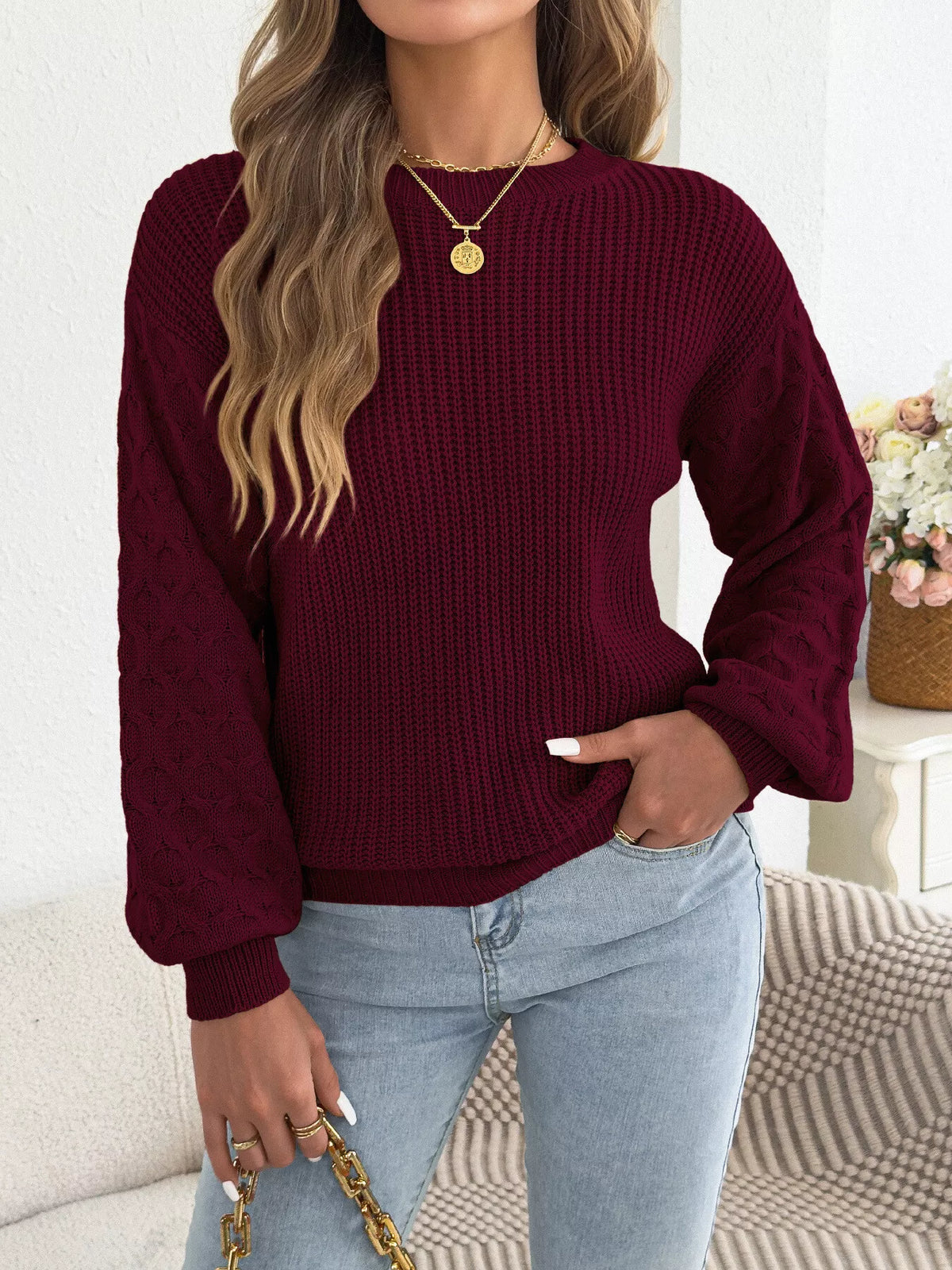 Burgundy textured dropped shoulder sweater