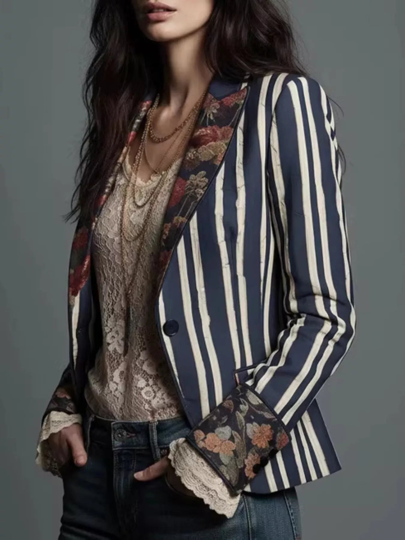 Trendsi Striped Floral Contrast Slim Fit Blazer -