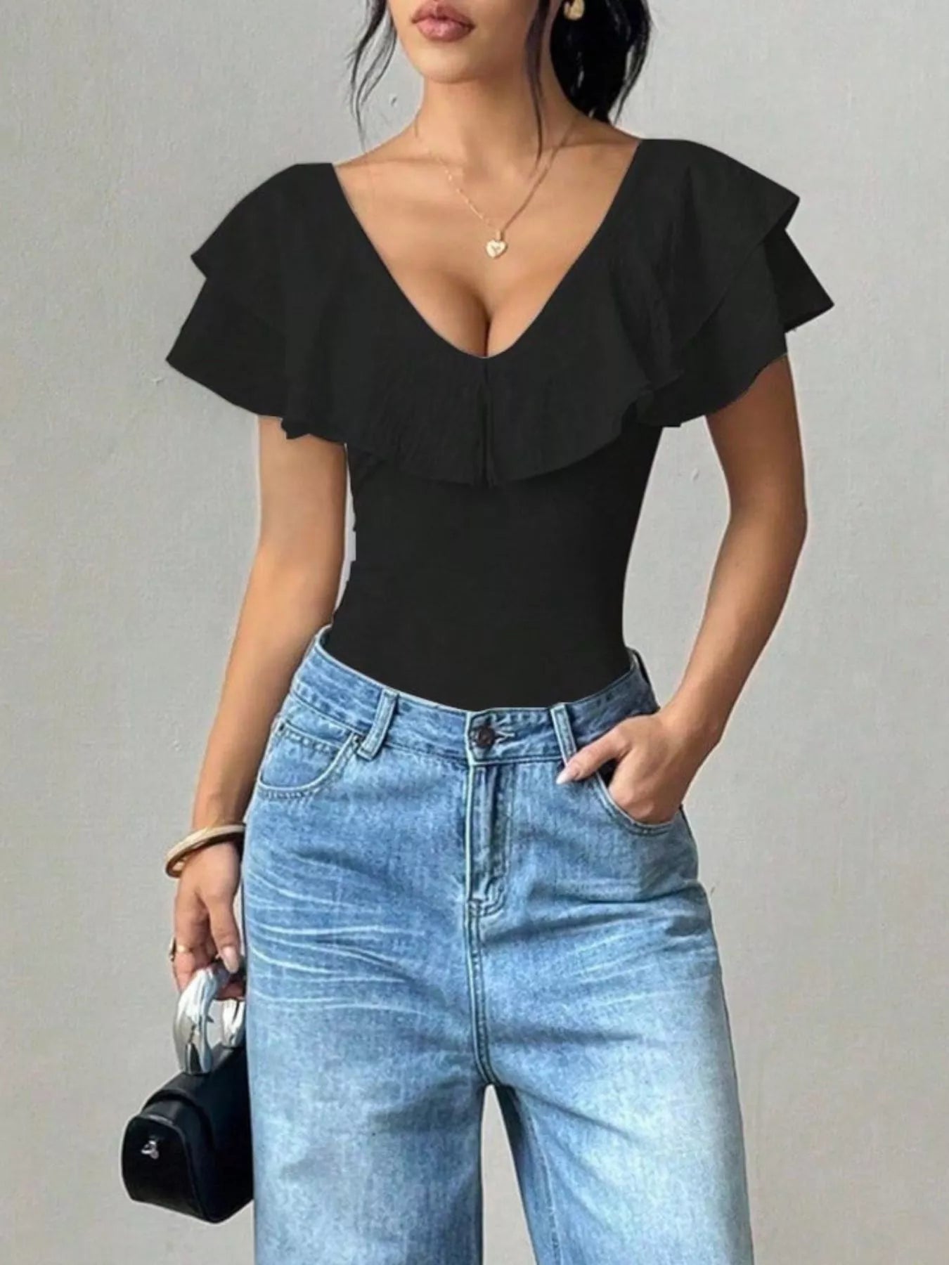 Trendsi Ruffle Trim V-Neck Bodysuit -