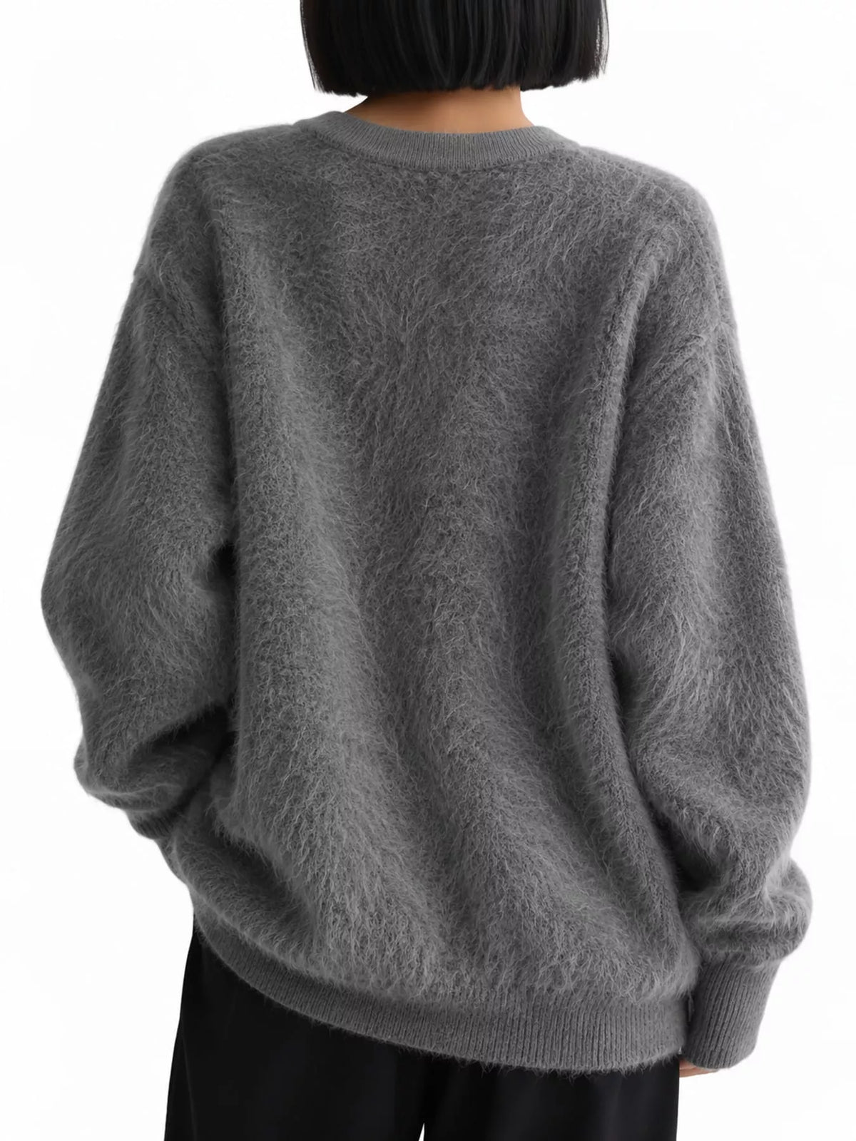 Gray fuzzy v-neck button-down cardigan, back view