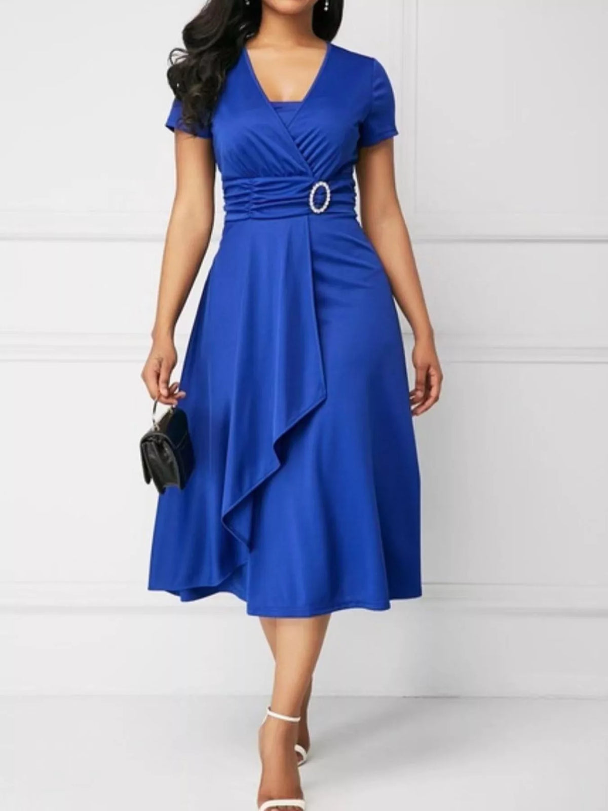 Decorative Buckle Short Sleeve Dress — side view