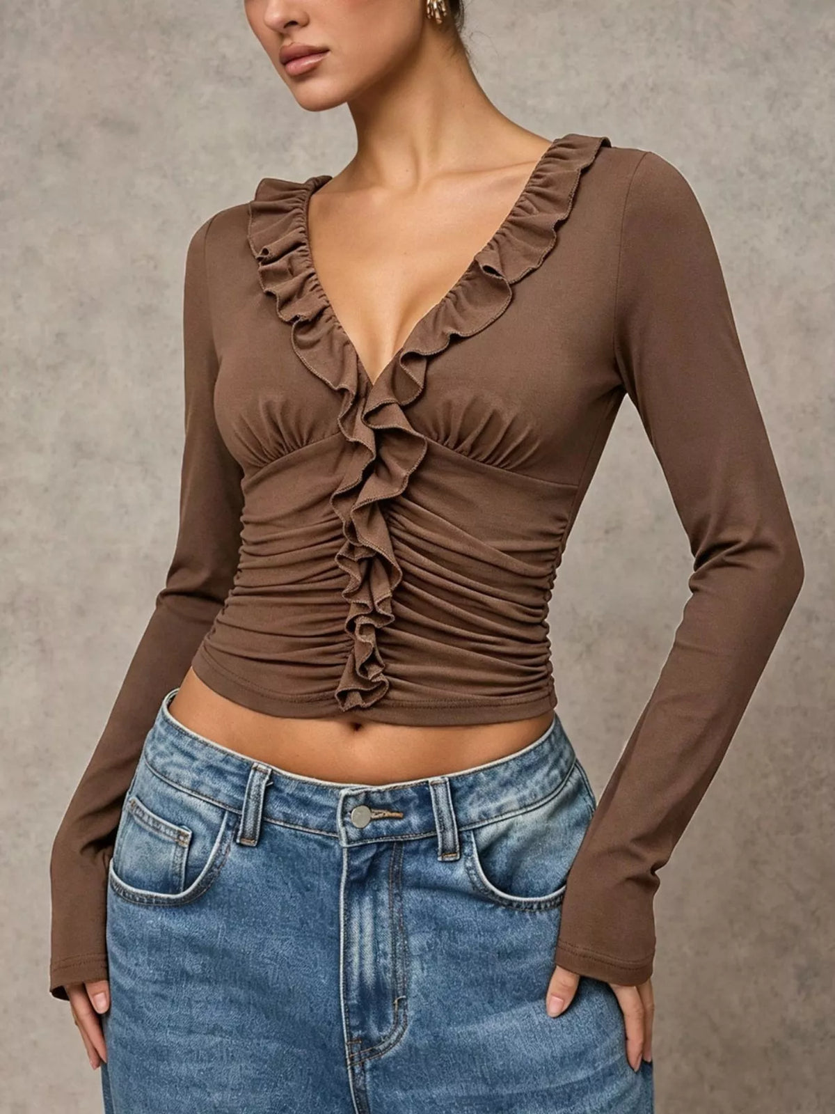 V-neck ruffle-trim ruched long sleeve top