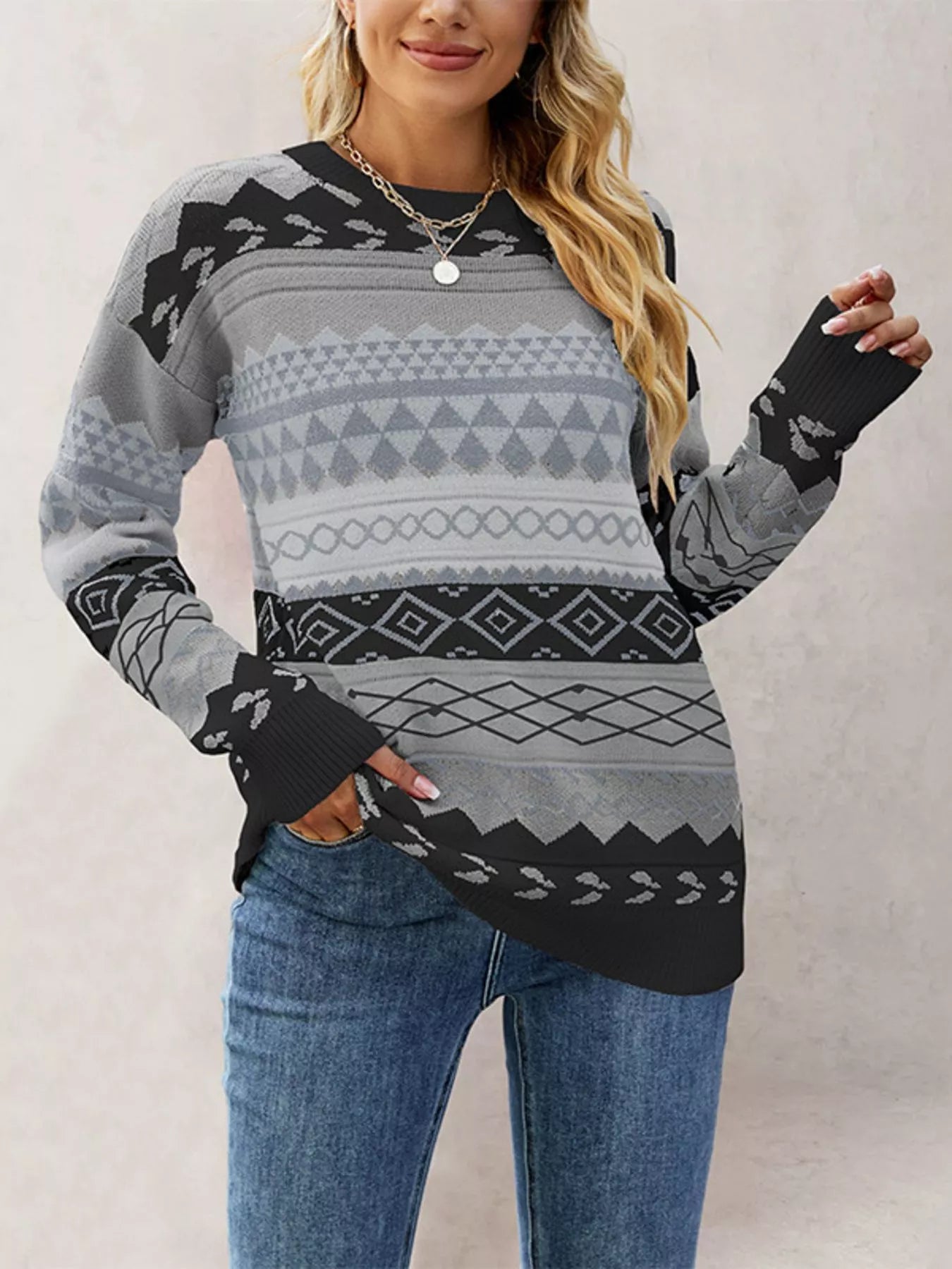 Trendsi Geometric Pattern Dropped Shoulder Sweater -