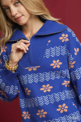 Trendsi Umgee Floral Patterned Jacquard Quarter-Zip Pullover Sweater -