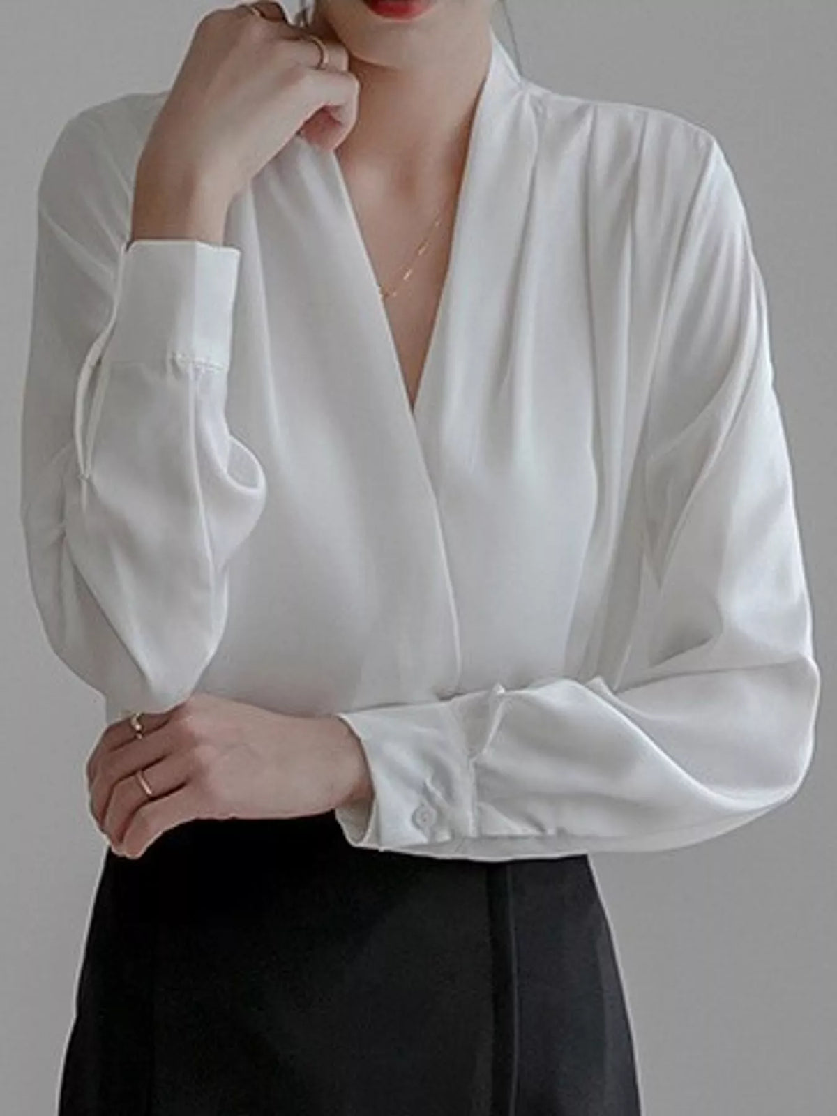 Women's V-Neck Pleated Shoulder Satin Blouse in white — front view
