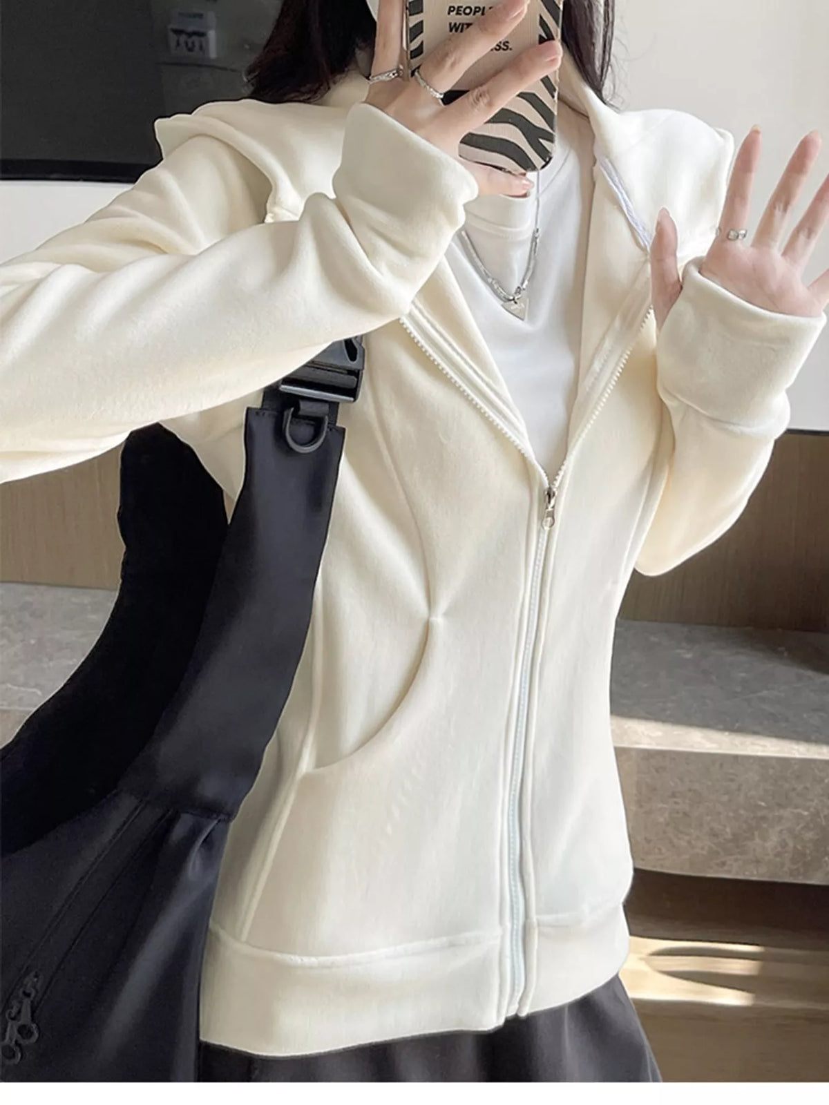 Slim-Fit Full-Zip Thumb Hole Long Sleeve Hoodie with Pockets — front view