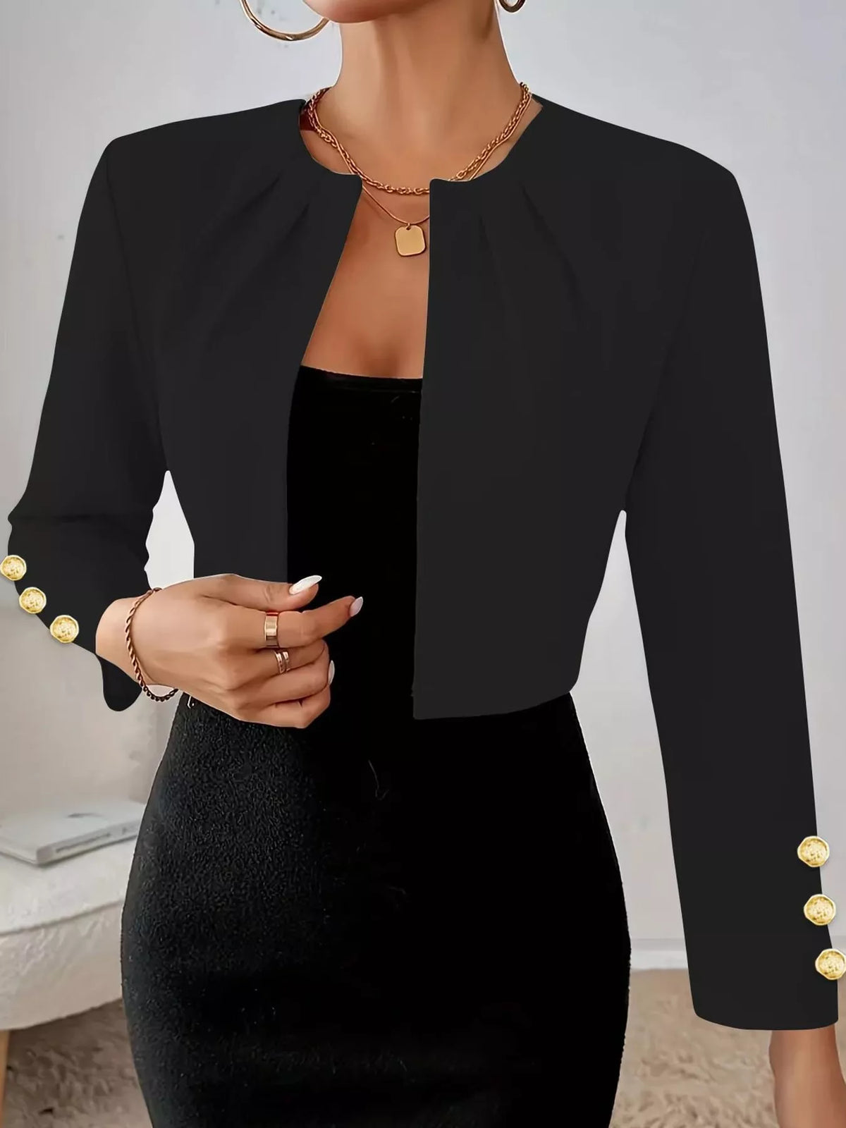 Round neck long sleeve blazer, front view on model