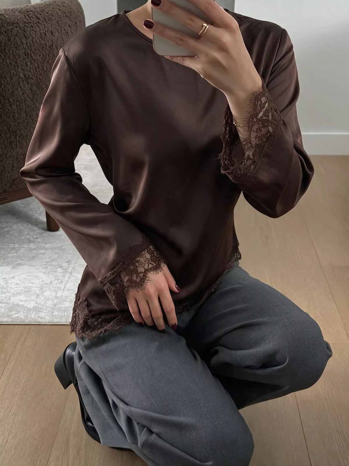 Coffee satin lace-trim blouse with flounce sleeves