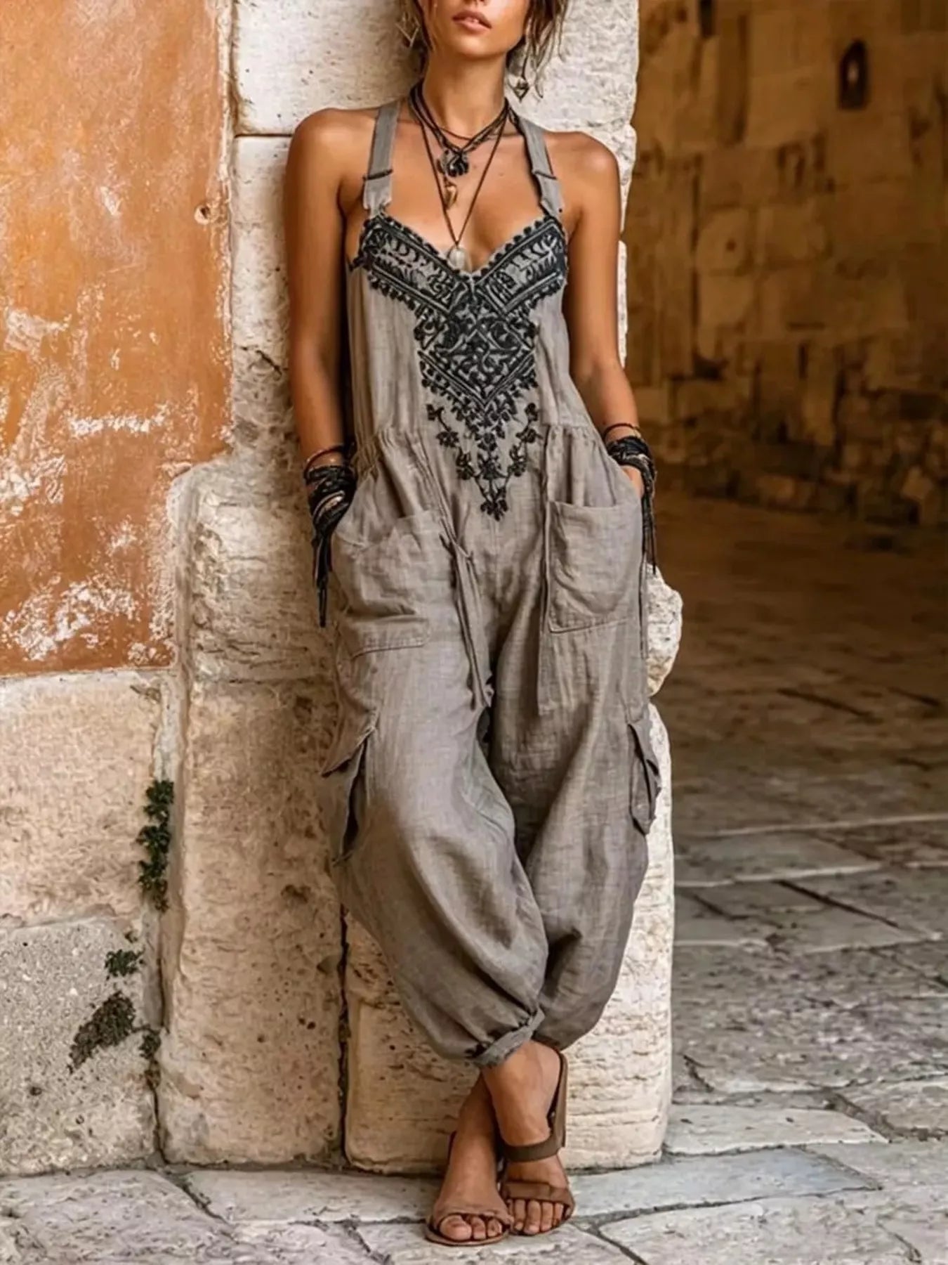 Trendsi Full Size Embroidered Sleeveless Jumpsuit with Cargo Pockets Plus Size -