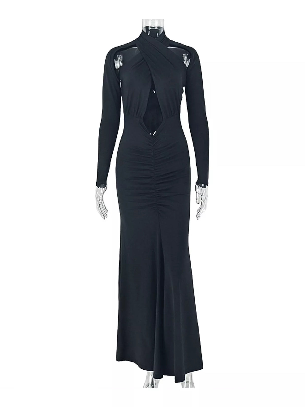 Black long sleeve cutout ruched maxi dress, front view