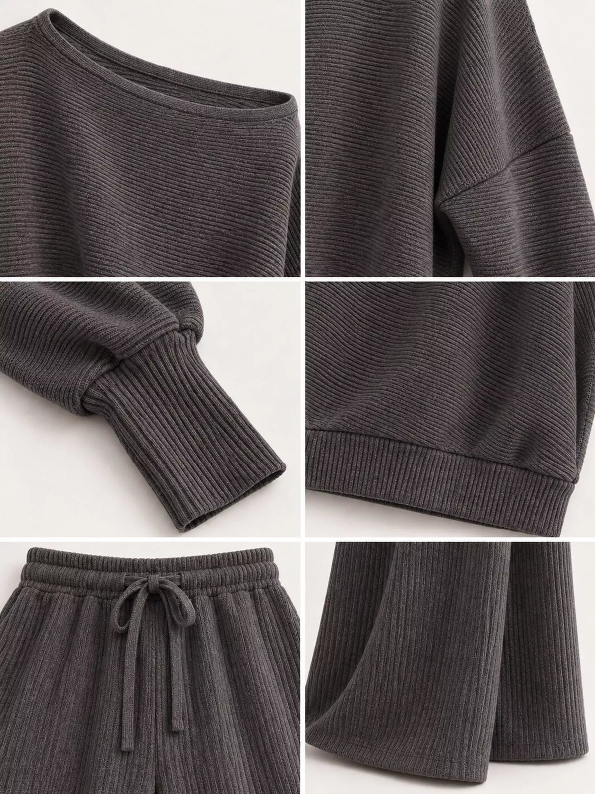 Asymmetric neck long sleeve outfit set, construction and design details