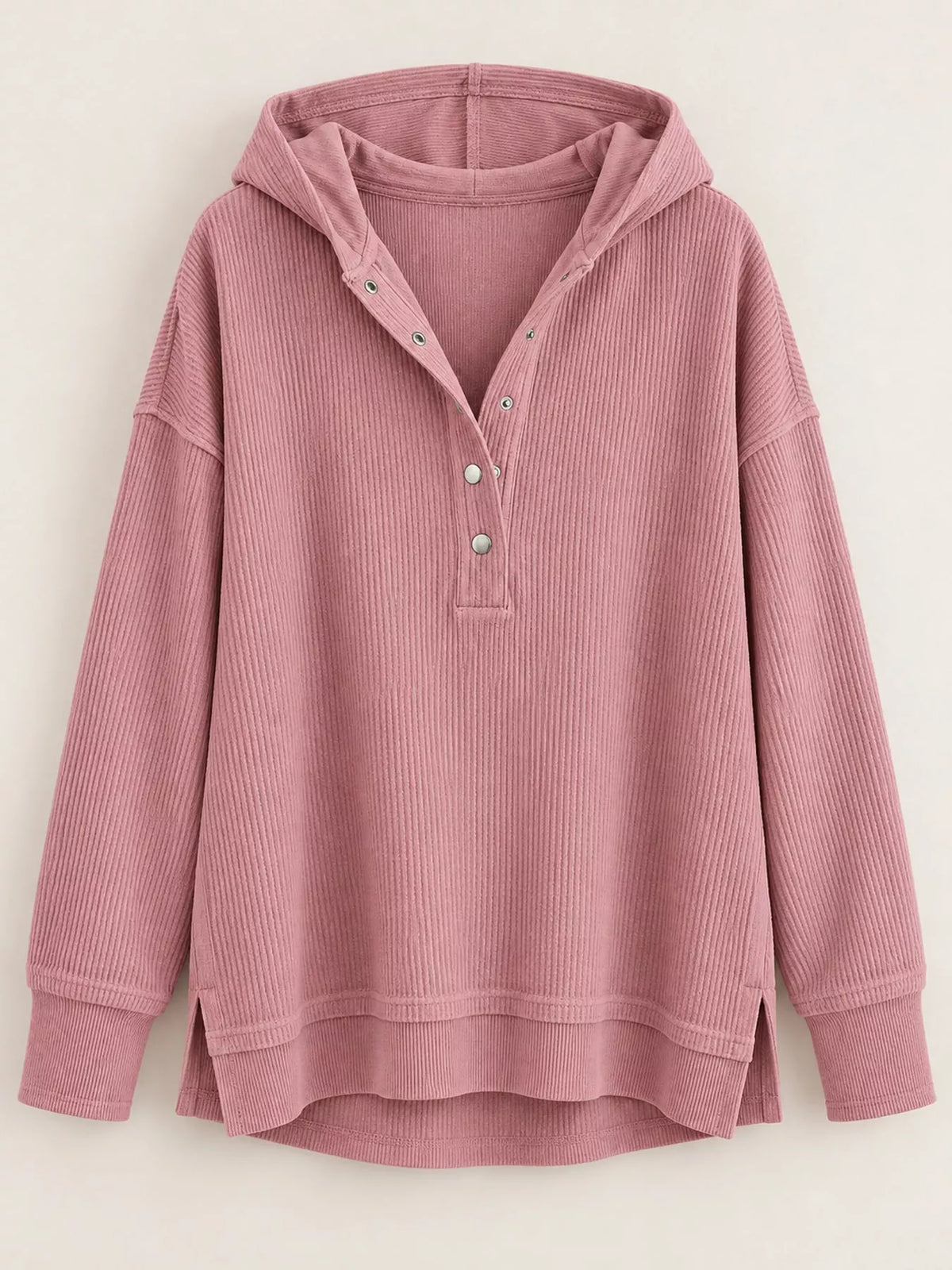 Women's Snap Button Placket Dropped Shoulder Hoodie in pink — flat lay view