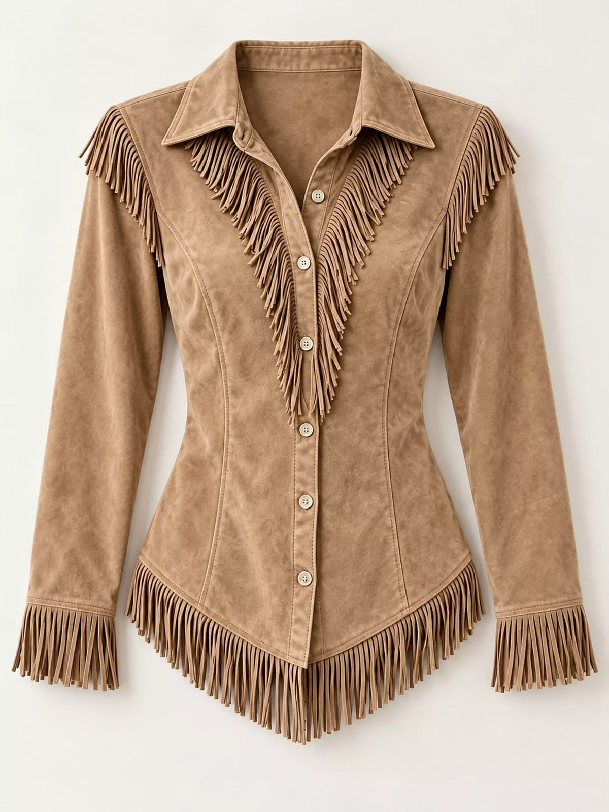 Fringe-detail shirt, tan hanging front