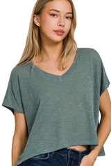 Trendsi Zenana Hacci Slub V-neck Drop Shoulder Crop Top -