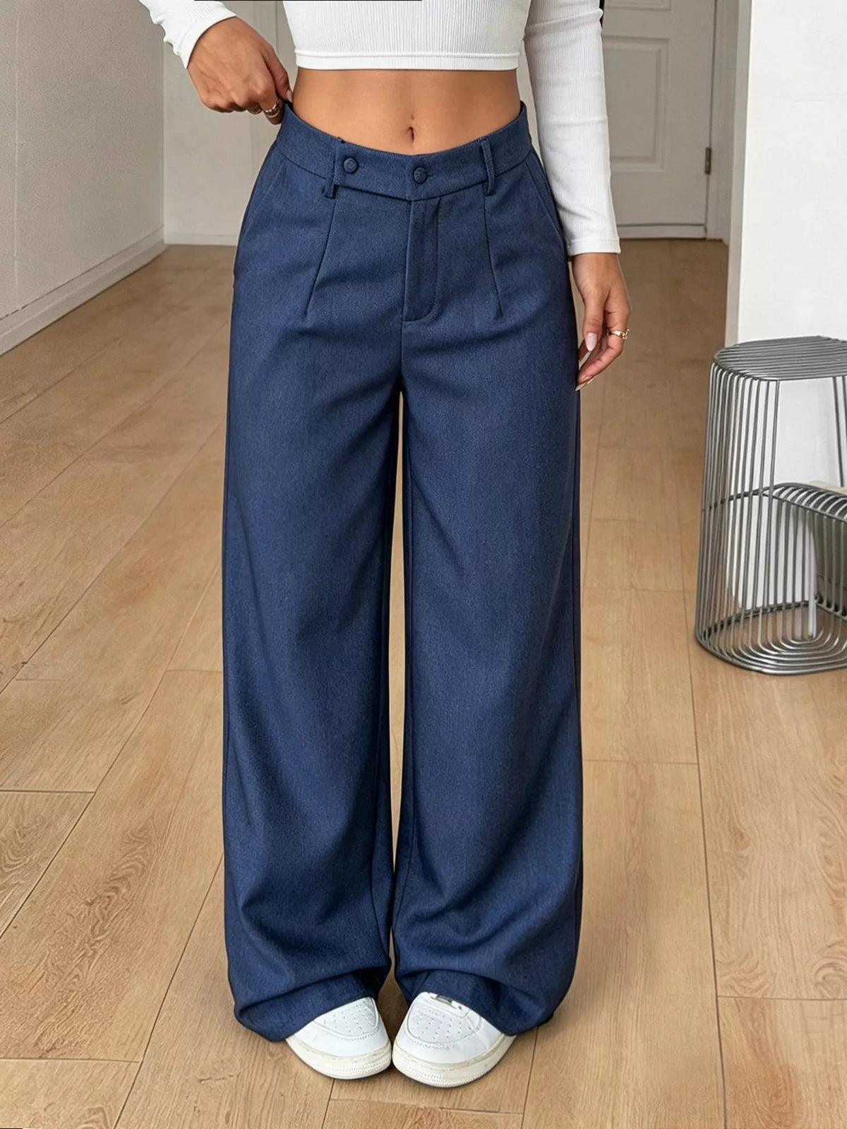 High-Waisted Wide-Leg Pants with Button Detail, front view