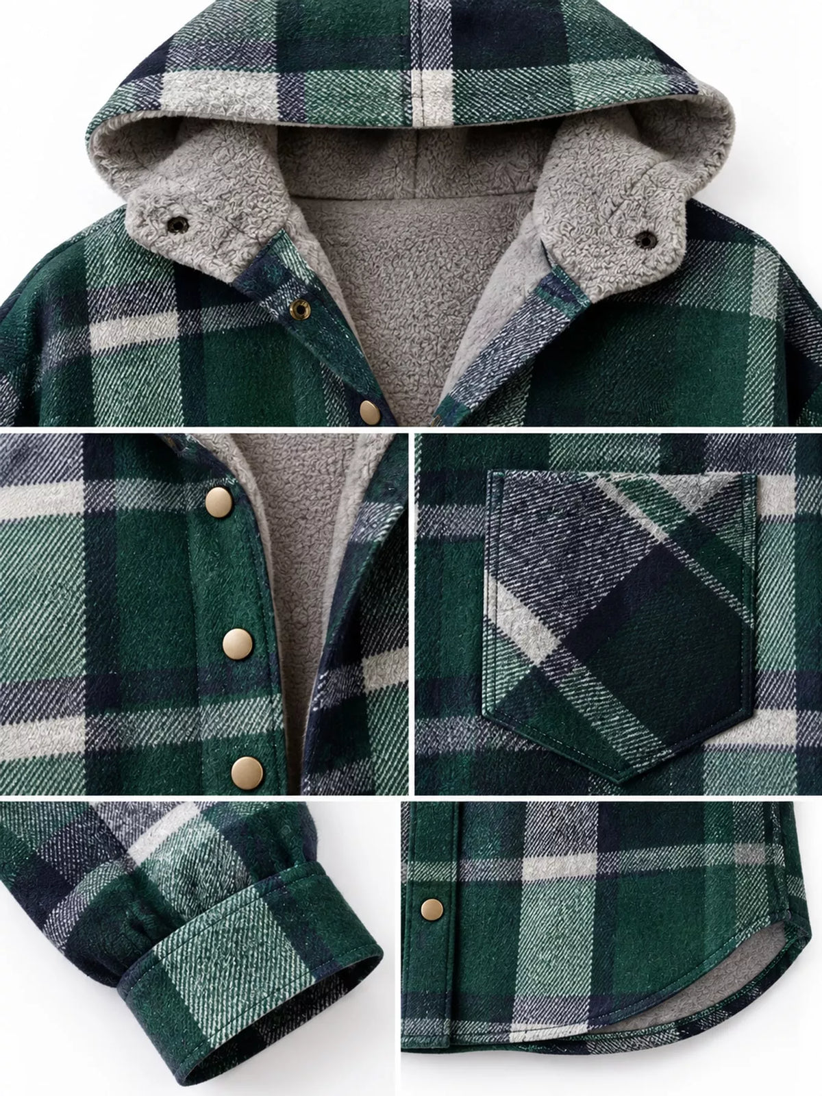 Green plaid hooded button up jacket
