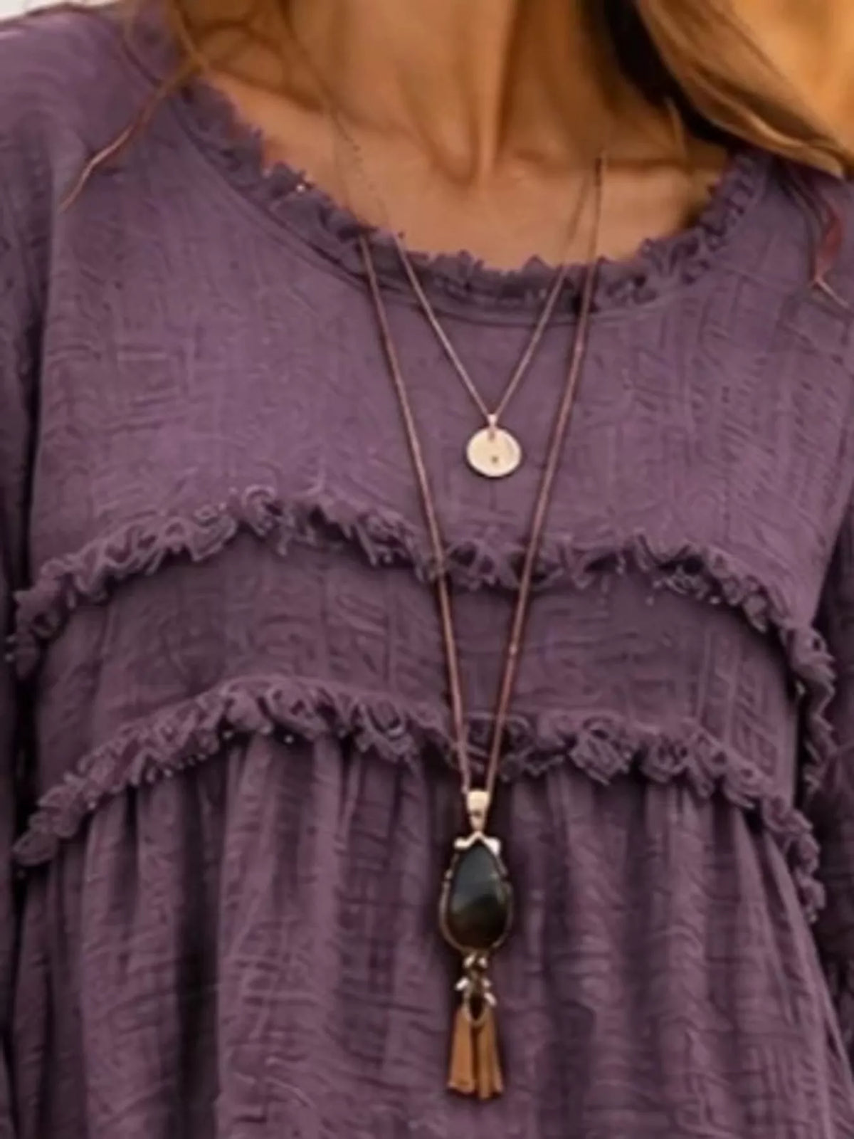 Purple textured frayed-trim peplum blouse, frayed trim detail