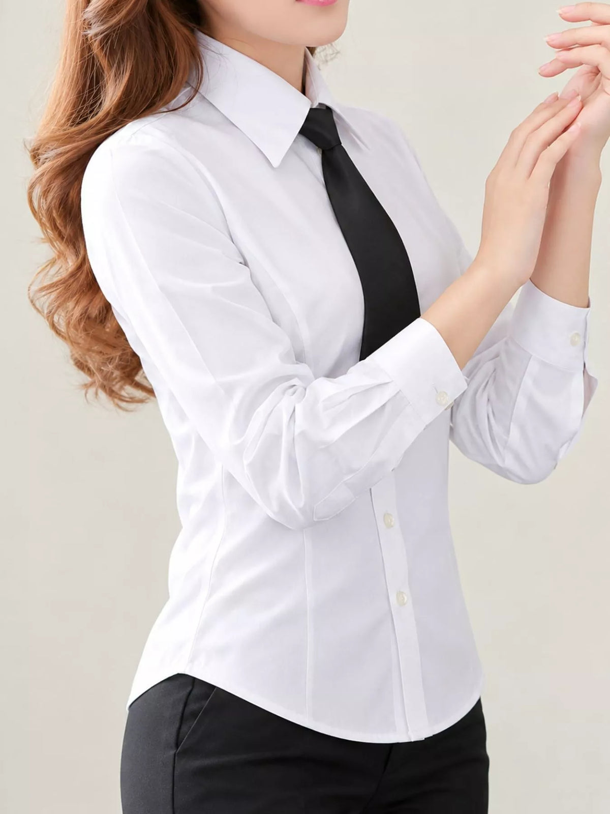Collared long sleeve shirt, front view on model