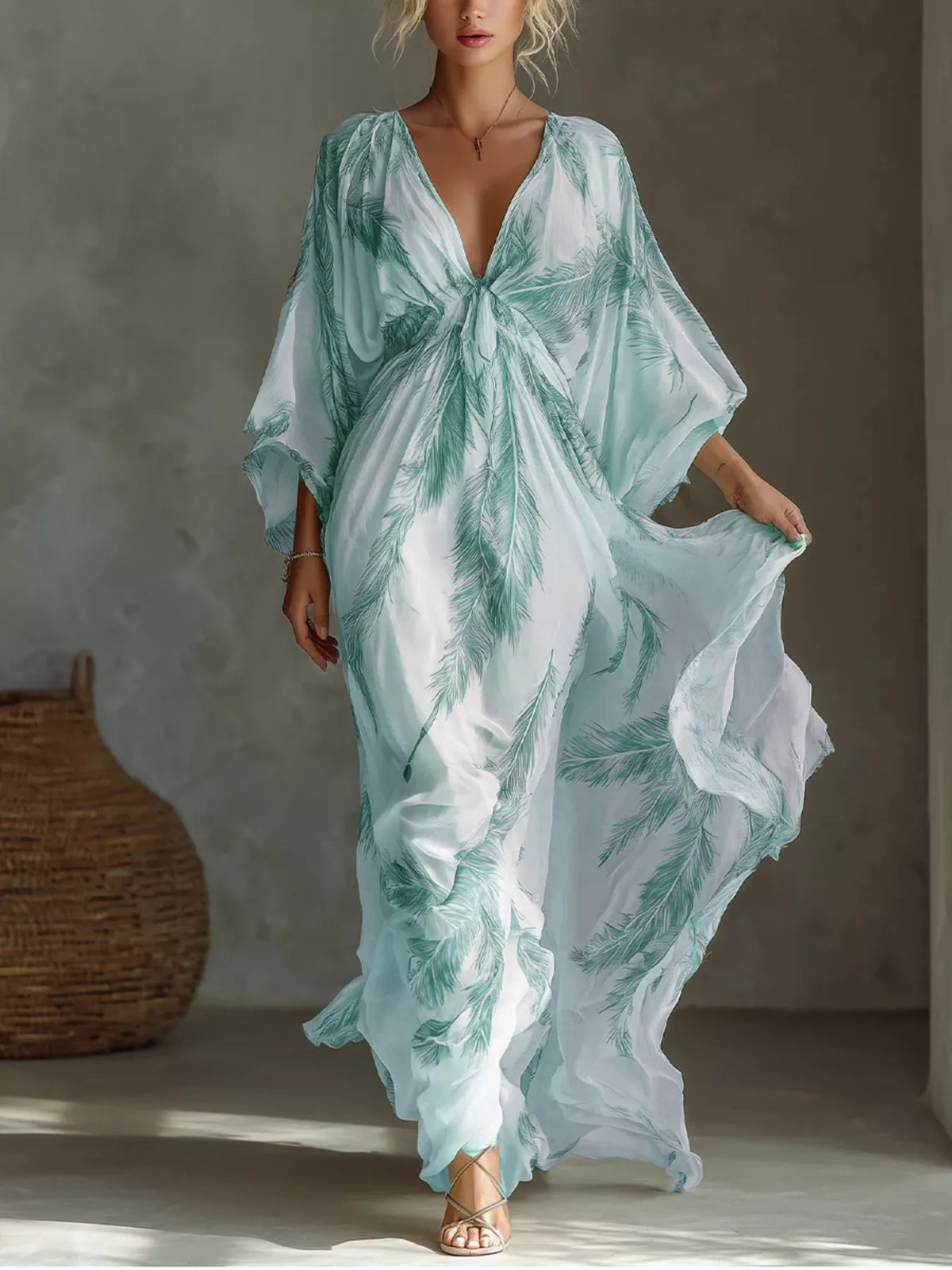 Feather-print V-neck flowy maxi dress