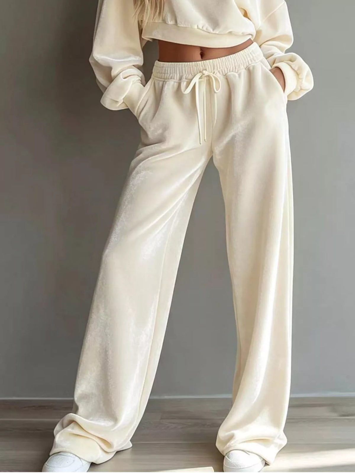 Cream Cropped Sweatshirt & Wide-Leg Pants Set front view