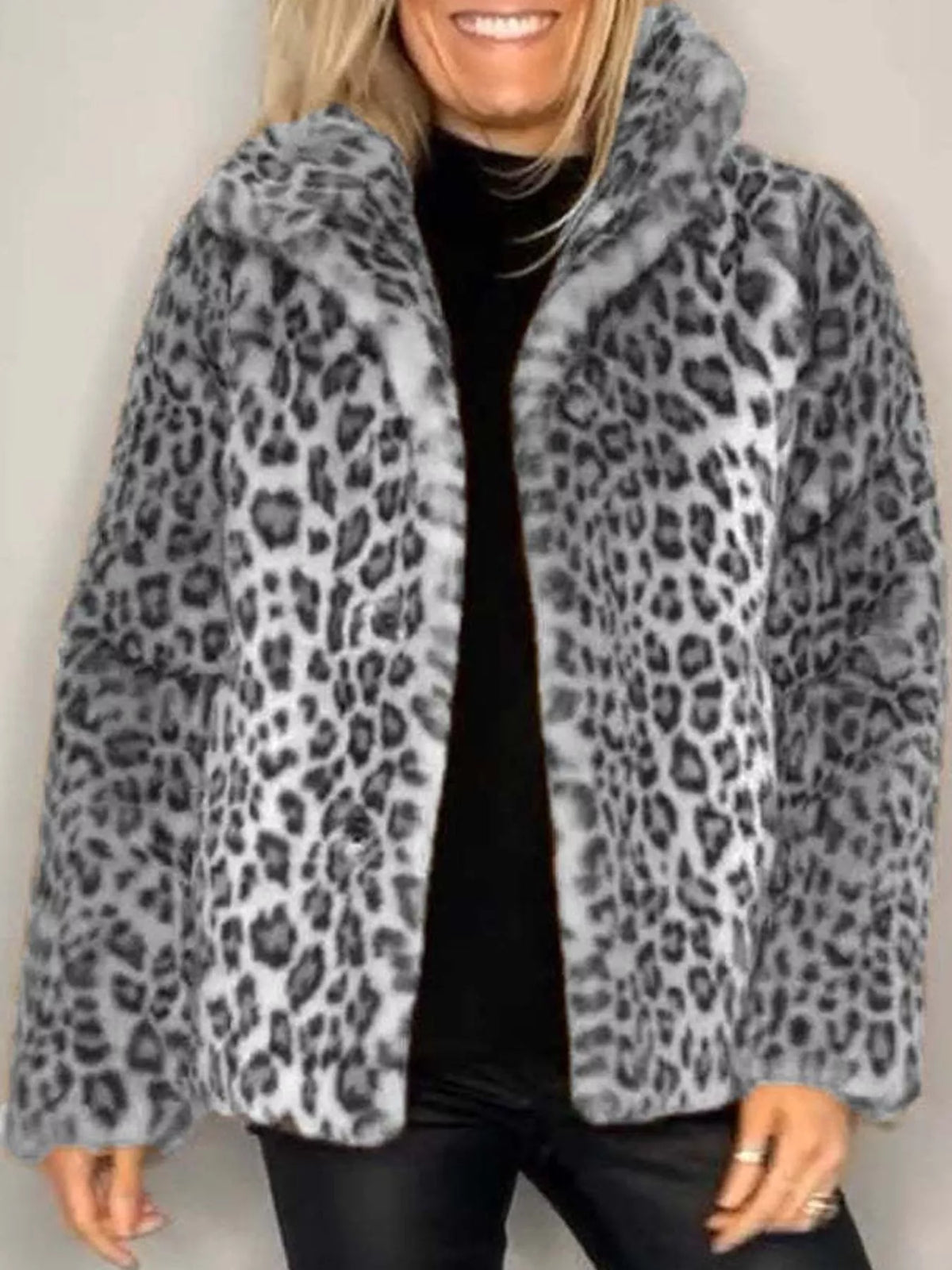 Open Front Leopard Print Faux Fur Jacket — front view