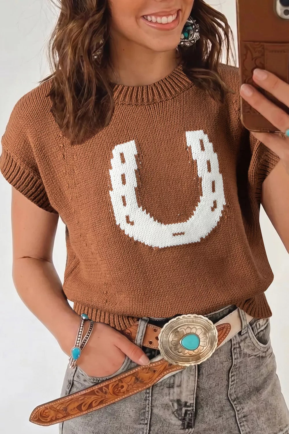 Trendsi Western Horseshoe Pattern Short Sleeve Knit Sweater -