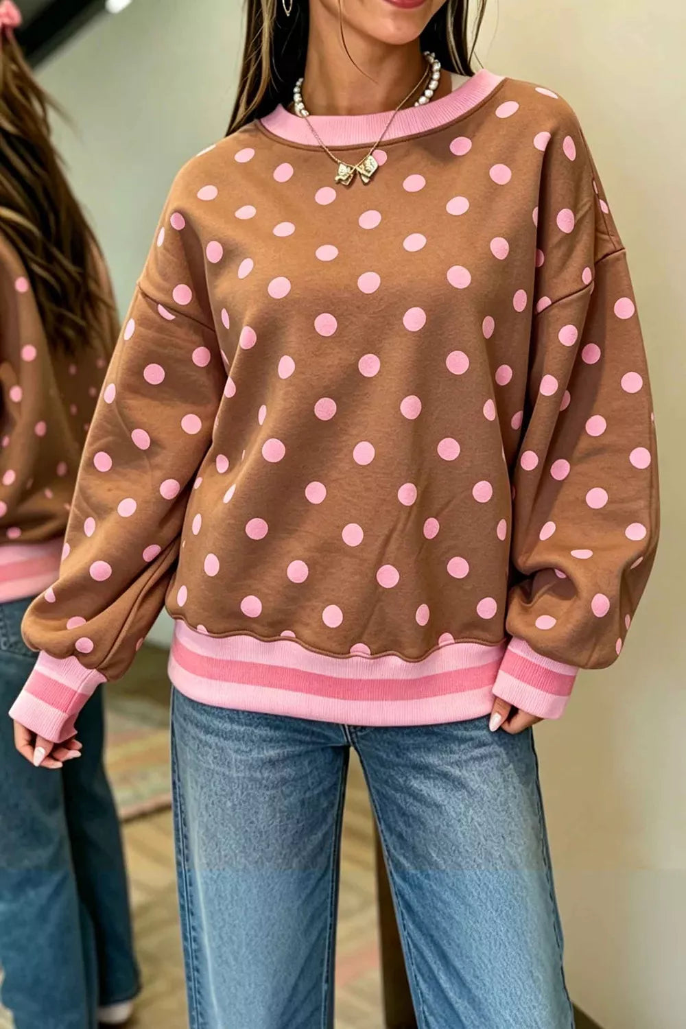 Polka Dot Colorblock Round Neck Pullover Sweatshirt — front view